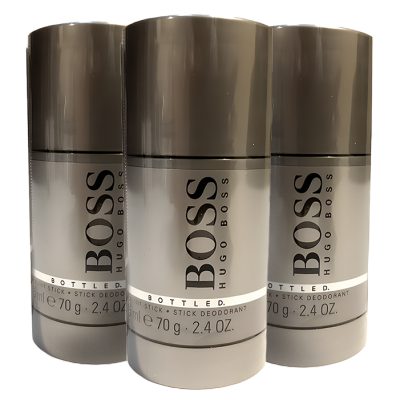 Three Hugo Boss Bottled 75ml Deodorant sticks on a white background.
