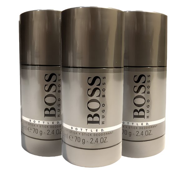 Three Hugo Boss Bottled 75ml Deodorant sticks on a white background.