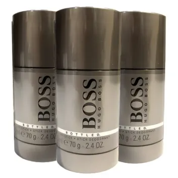 Three Hugo Boss Bottled 75ml Deodorant sticks on a white background.