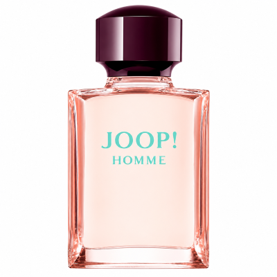 A clear rectangular bottle of Joop! Homme Mild Deodorant 75ml Spray with a dark cap and turquoise text on the front, shown against a white background.