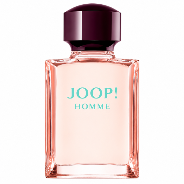 A clear rectangular bottle of Joop! Homme Mild Deodorant 75ml Spray with a dark cap and turquoise text on the front, shown against a white background.