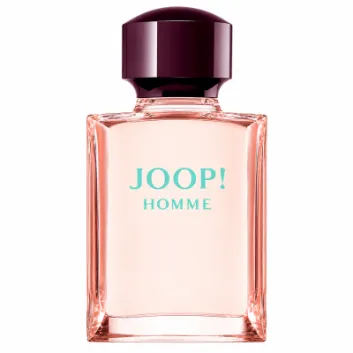 A clear rectangular bottle of Joop! Homme Mild Deodorant 75ml Spray with a dark cap and turquoise text on the front, shown against a white background.
