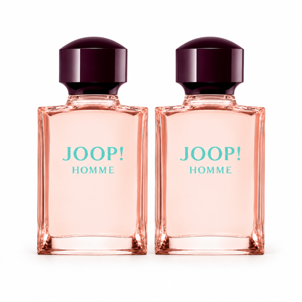 Two identical bottles of Joop! Homme Mild Deodorant 75ml Spray with pink liquid and dark caps, placed side by side against a white background. Two identical bottles of Joop! Homme Mild Deodorant 75ml Spray with pink liquid and dark caps, placed side by side against a white background.