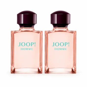 Two identical bottles of Joop! Homme Mild Deodorant 75ml Spray with pink liquid and dark caps, placed side by side against a white background.