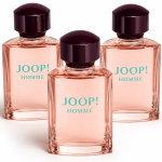 Three bottles of 3x Joop! Homme Mild Deodorant 75ml Spray, each featuring pink liquid and a dark hexagonal cap, are arranged side by side on a white background.
