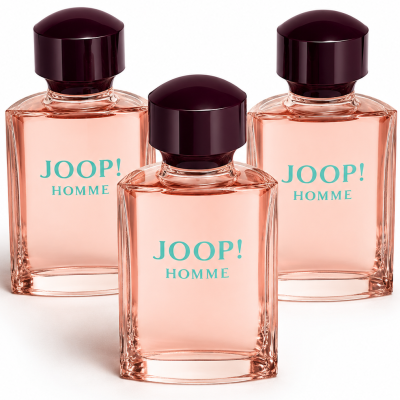 Three bottles of 3x Joop! Homme Mild Deodorant 75ml Spray, each featuring pink liquid and a dark hexagonal cap, are arranged side by side on a white background.