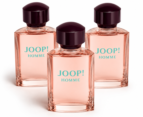 Three bottles of 3x Joop! Homme Mild Deodorant 75ml Spray, each featuring pink liquid and a dark hexagonal cap, are arranged side by side on a white background. Three bottles of 3x Joop! Homme Mild Deodorant 75ml Spray, each featuring pink liquid and a dark hexagonal cap, are arranged side by side on a white background.