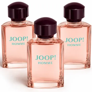 Three bottles of 3x Joop! Homme Mild Deodorant 75ml Spray, each featuring pink liquid and a dark hexagonal cap, are arranged side by side on a white background.
