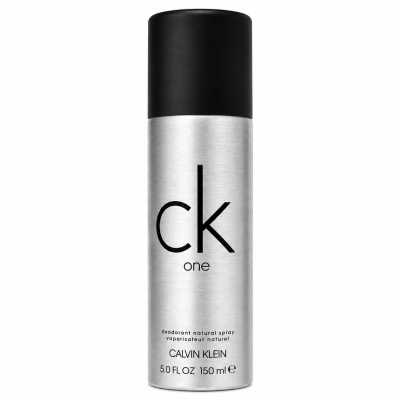 A 150ml silver cylindrical can of CK One Deodorant Body Spray by Calvin Klein, featuring a black cap and displayed against a white background.