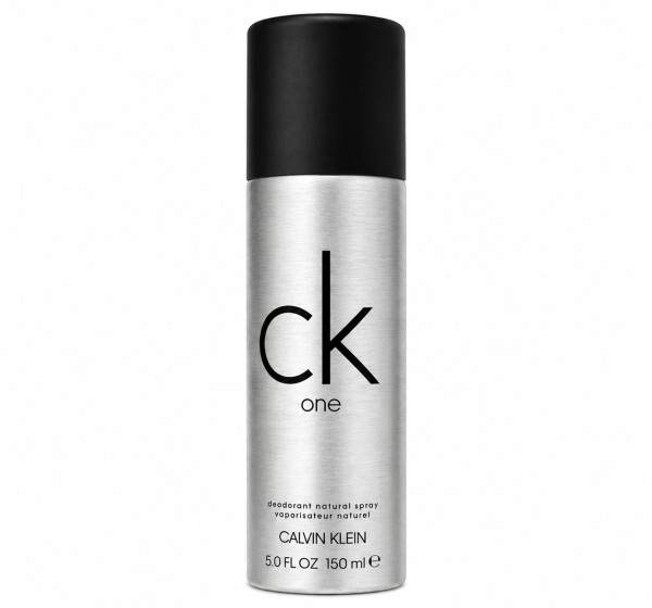 A 150ml silver cylindrical can of CK One Deodorant Body Spray by Calvin Klein, featuring a black cap and displayed against a white background.