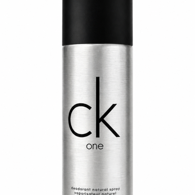 A 150ml silver cylindrical can of CK One Deodorant Body Spray by Calvin Klein, featuring a black cap and set against a plain white background.
