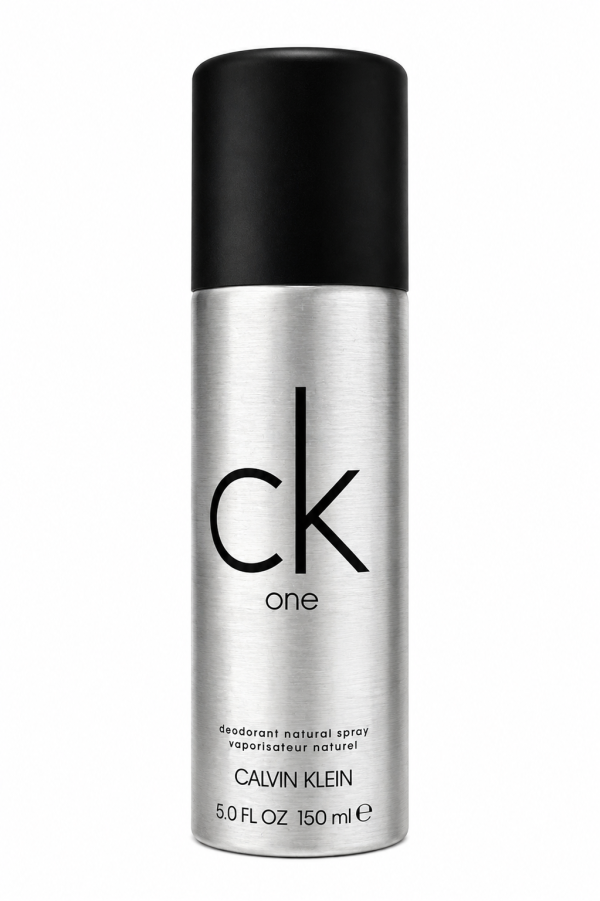 A 150ml silver cylindrical can of CK One Deodorant Body Spray by Calvin Klein, featuring a black cap and set against a plain white background.