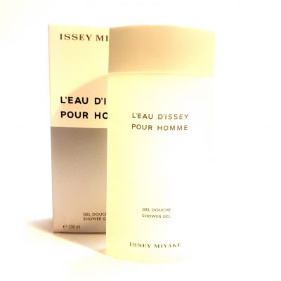 A bottle of Issey Miyake L'eau D'issey, 200ml Pour Homme Shower Gel in front of a white box.