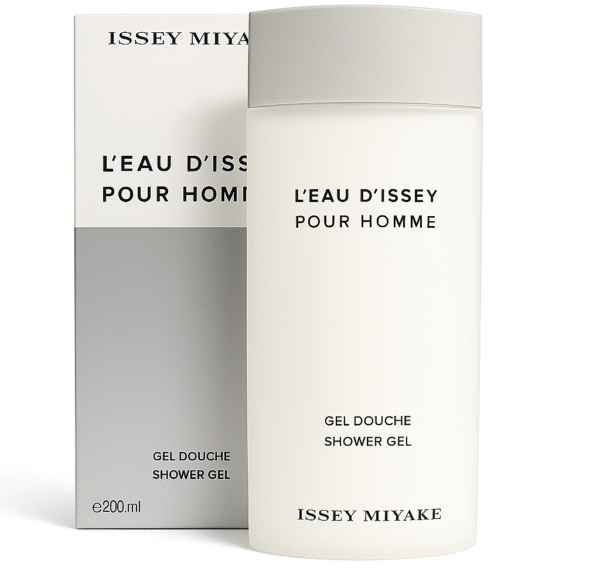 A 200ml bottle and box of Issey Miyake L’eau D’Issey Shower Gel for Men, featuring minimalist white and gray packaging.