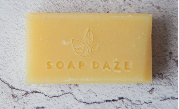 A 3x Lavender & Orange Handmade Vegan Soap with the words soap daze on it.