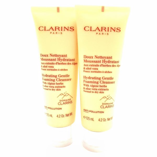 Two 125ml tubes of Clarins Hydrating Gentle Foaming Cleanser for normal to dry skin with Alpine herbs, aloe vera, and anti-pollution benefits. Two 125ml tubes of Clarins Hydrating Gentle Foaming Cleanser for normal to dry skin with Alpine herbs, aloe vera, and anti-pollution benefits.