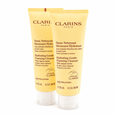 Two yellow tubes of Clarins Hydrating Gentle Foaming Cleanser (2x 125ml), featuring English and French text on the front.