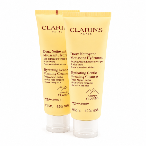 Two yellow tubes of Clarins Hydrating Gentle Foaming Cleanser (2x 125ml), featuring English and French text on the front.