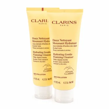 Two yellow tubes of Clarins Hydrating Gentle Foaming Cleanser (2x 125ml), featuring English and French text on the front.