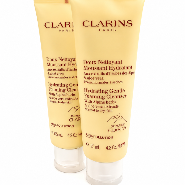 2x Clarins Hydrating Gentle Foaming Cleanser, 125ml each, formulated with Alpine herbs and aloe vera for normal to dry skin.