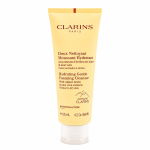 A 125 ml yellow tube of Clarins Hydrating Gentle Foaming Cleanser featuring text with ingredient details and information indicating it is suitable for normal to dry skin.