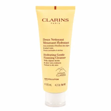 A 125 ml yellow tube of Clarins Hydrating Gentle Foaming Cleanser featuring text with ingredient details and information indicating it is suitable for normal to dry skin.