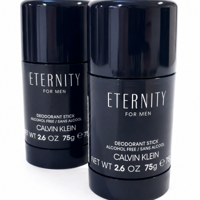 Two black sticks of 2x Calvin Klein Eternity For Men Deodorant, each 75 ml, are standing side by side on a white background.