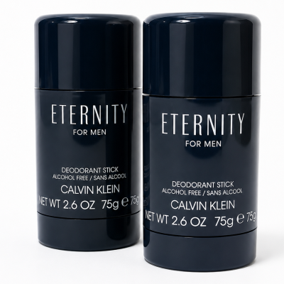 Two 75 ml sticks of Calvin Klein Eternity For Men Deodorant are standing upright against a plain white background.