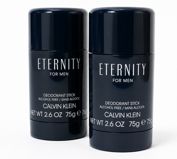 Two 75 ml sticks of Calvin Klein Eternity For Men Deodorant are standing upright against a plain white background.