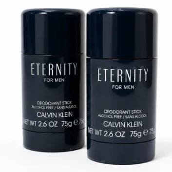 Two 75 ml sticks of Calvin Klein Eternity For Men Deodorant are standing upright against a plain white background.