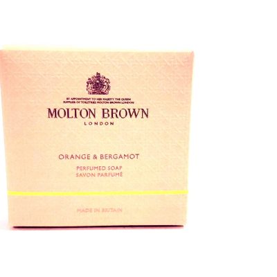 A box of Molton Brown Orange & Bergamot Perfumed Bar of Soap, 150g on a white background.