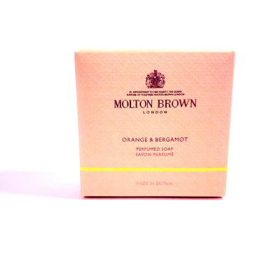 A box of Molton Brown's Orange & Bergamot perfumed bar of soap, 150g.