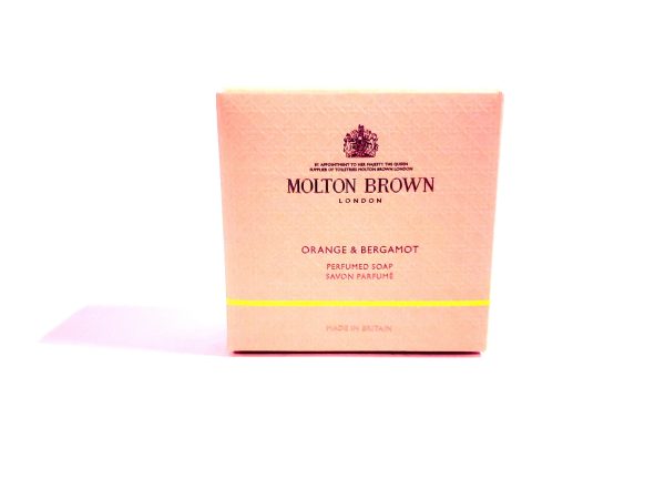 A box of Molton Brown's Orange & Bergamot perfumed bar of soap, 150g.