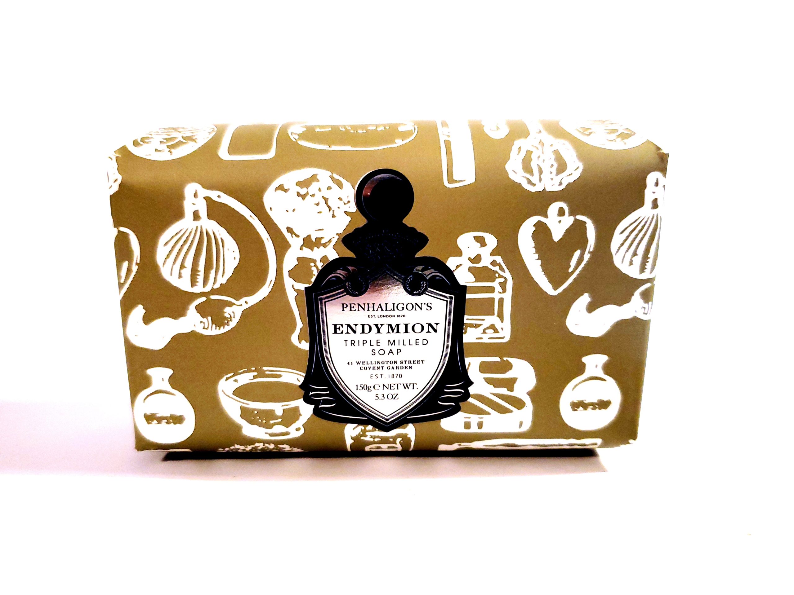 A box with a Penhaligon’s Endymion Triple Milled Soap 150g, Bar of soap design on it.