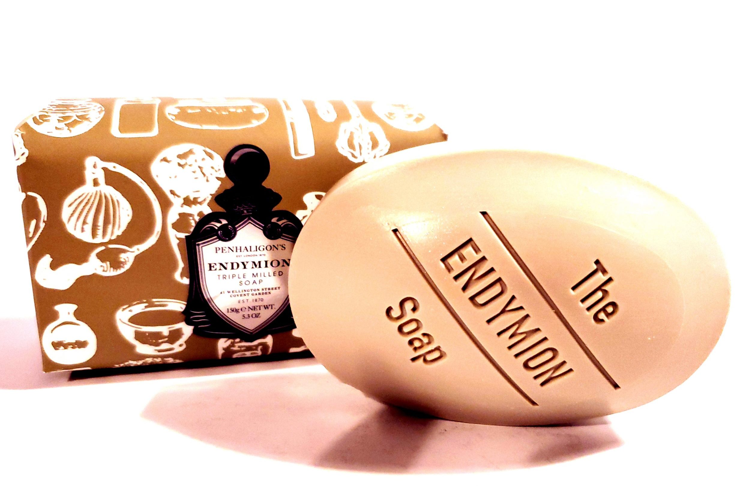 A Penhaligon's Endymion Triple Milled Soap 150g bar with a box next to it.