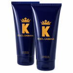 Two upright navy blue tubes of 2x Dolce & Gabbana K Shower Gel, 200ml men's body wash, with gold lettering, displayed against a white background.