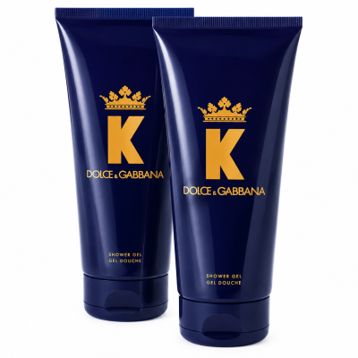 Two upright navy blue tubes of 2x Dolce & Gabbana K Shower Gel, 200ml men's body wash, with gold lettering, displayed against a white background.