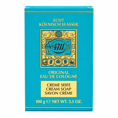 A turquoise box of Maurer & Wirtz No 4711 Original Cream Soap, 100g, adorned with gold and black detailing and bilingual product information on the front.