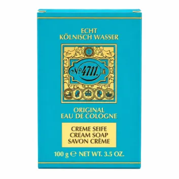 A turquoise box of Maurer & Wirtz No 4711 Original Cream Soap, 100g, adorned with gold and black detailing and bilingual product information on the front.
