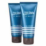 Two boxed 200ml tubes of Jean Paul Gaultier Le Male shower gel stand upright against a white background.
