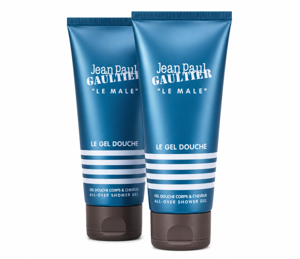 Two boxed 200ml tubes of Jean Paul Gaultier Le Male shower gel stand upright against a white background. Two boxed 200ml tubes of Jean Paul Gaultier Le Male shower gel stand upright against a white background.