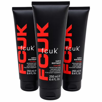 Three black tubes of 3x Fcuk Sport Hair and Body Wash, 250ml each, stand upright against a white background.