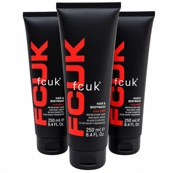 Three black tubes of 3x Fcuk Sport Hair and Body Wash, 250ml each, stand upright against a white background.