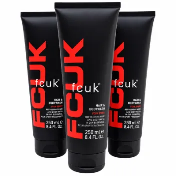 Three black tubes of 3x Fcuk Sport Hair and Body Wash, 250ml each, stand upright against a white background.