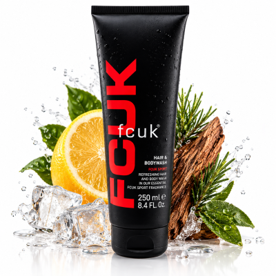 3x Fcuk Sport Hair and Body Wash, 250ml, with lemon, rosemary, wood & ice cubes scent. Black tube with bold red text.