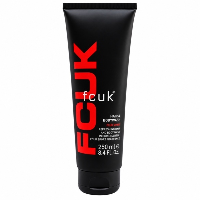 A black tube of Fcuk Sport Hair and Body Wash, 250ml, featuring bold red and white text on the front.