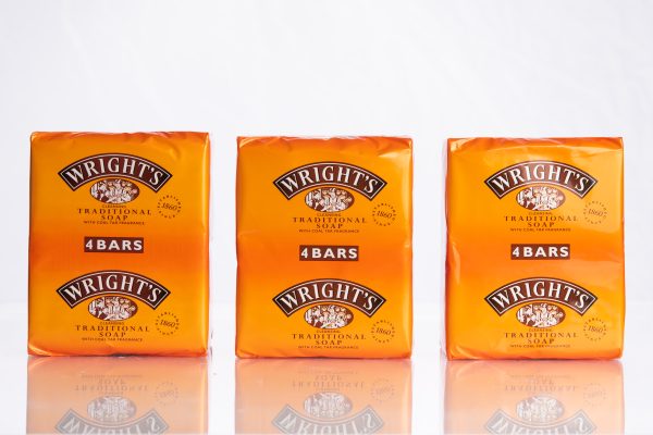 Three packages of Wright's Original Coal Tar Soap 125g bars on a white background.