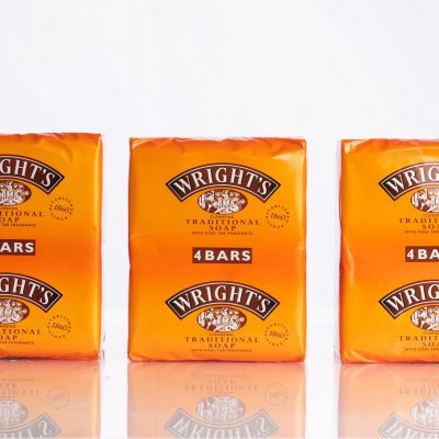 Three packages of Wright's Original Coal Tar Soap 125g bars on a white background.