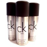 Three bottles of CK One Deodorant Body Spray 150ml on a white background.