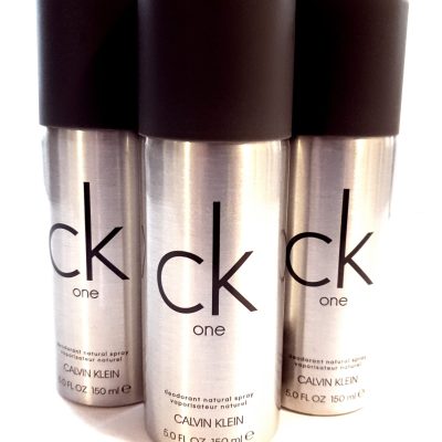 Three bottles of 3x CK One Deodorant Body Spray 150ml on a white background.